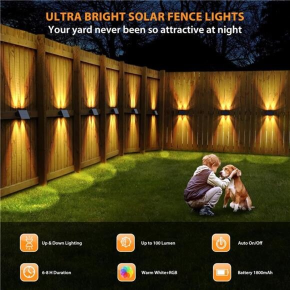 Solar fence lights outdoor warm white RGB waterproof wall deck patio yard up dow - Picture 4 of 7